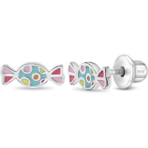 925 Sterling Silver Enamel Sweet Candy Screw Back Earrings for Little Girls and Pre-Teens - Adorable Candy Shaped Safety Screw Back Earrings For Young Girls