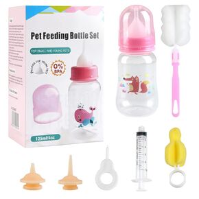 7 Pcs Kitten Bottle Feeding Kit, Newborn Pet Nursing Bottle for Kitten Puppy Rabbit Squirrel Feeding, 4oz Bottle with 10cc Syringe, Nipples, Cleaning Brush, Unparalleled Care for Newborn Pet (Pink)
