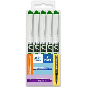 Pilot V PEN - Erasable Disposable Fountain Pen - 0.6mm Nib Tip - Medium Line - Wallet Pack of 5 - Green Ink