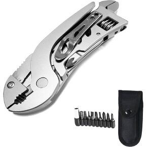 Multitool Wrench With 7 Tools/Pliers/Wire Cutter/Flat Screwdriver/Phillips Screwdriver, Portable Adjustable Pocket Multitool Wrench Plier Folding Multipurpose Tool (Silver)