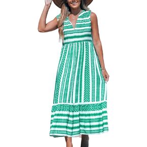 CUPSHE Women's Ruffle Beach Maxi Dress Split V Neck A Line Sleeveless Stripe Geometric Pattern Casual Summer Dresses