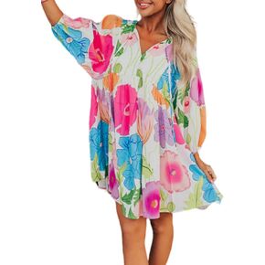 Womens Floral Print Dress Casual V Neck Tassel Tie Half Sleeve Summer Mini Dress