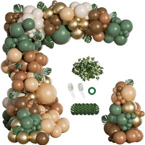 FOTIOMRG 152pcs Sage Green Brown Balloon Garland Kit, Jungle Safari Woodland Balloon Arch Kit with palm leaves artificial Ivy leaves for Two Wild One Birthday Wedding Baby Shower Party Decorations