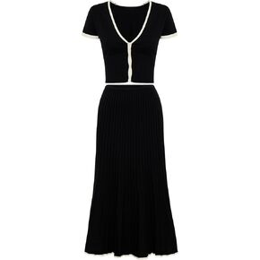 مجموعة تنورة نسائية من Tanming مكونة من قطعتين كاجوال بأكمام قصيرة وتنورة متوسطة الطول بطيات (أسود-M)، مقاس متوسط in Kuwait