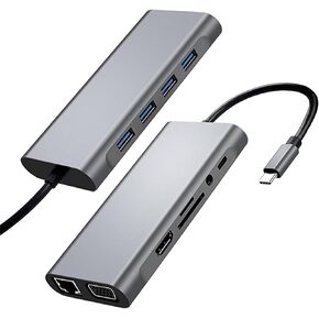 Travel USB Multi-Function Laptop Traveling Docking Station - 11 in 1 Multiport Adapter Hub - Ports for HDMI, VGA, Ethernet 100Mbps, SD, MicroSD, Audio Port, USB-A 2.0 & 3.0, USB-C for PD