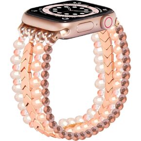 GEMEK Compatible With Apple Watch Band 38/40/41mm Rose Gold Women Pearl Bracelet Strap, Fashion Handmade Elastic Agate Replacement for iWatch Bands Series 9/8/7/6/5/4/3/2/1 Girls Wristband (Pink)