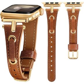Leather Slim Band Compatible Apple Watch Strap Women 38mm 40mm 41mm 42mm 44mm 45mm 49mm, Retro Dressy Fancy Silver Brown White Gold Leather Thin Wristband with T-Shape Metal Buckle for iPhone Watch Band Series 9 8 7 6 5 4 3 2 1 SE (Ultra 1 2)