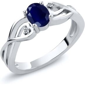Gem Stone King 925 Sterling Silver Oval Blue Sapphire and White Lab Grown Diamond 3 Stone Engagement Ring For Women (0.56 Cttw, Gemstone Birthstone, Available In Size 5, 6, 7, 8, 9)