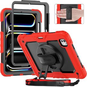 timecity Case for iPad Pro M4 11 Inch 2024 Release 5th Generation with Built-in Screen Protector, 360° Rotating Stand, Adjustable Shoulder Strap, Cutouts, Pencil Holder, Black