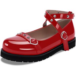 Women's Platform Mary Janes Flats Kawaii Ankle Strap Heart Buckle Patent Leather Closed Toe Goth Stud Strappy Party Shoes