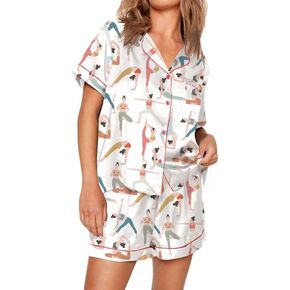 Women Cute Fruit Printing Pajamas Set Lounge Set 2 Piece Casual outfits Set Button Down Oversized Shirt Shorts Set