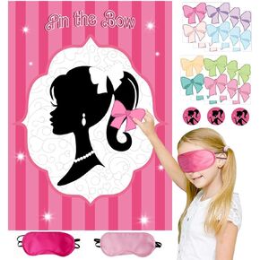 Pink Girls Birthday Party Decorations Girls Party Games Pin The Bow on The Girls Head Pin Game, Large Poster with 32Pcs Bow Stickers and 9Pcs Princess Stickers Favors for Kids’ Birthday Party