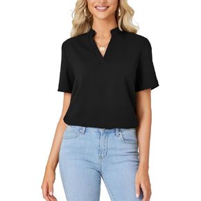 Rooscier Women's Notch V Neck Short Sleeve Loose Casual Blouse Shirt Tunic Tops
