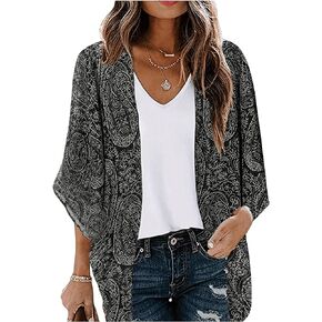 MakeMeChic Women's Paisley Pattern 3/4 Sleeve Summer Shirt Casual Asymmetrical Hem Open Front Blouse Tops