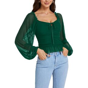 LYANER Women's Sweetheart Neck Self Tie Knot Shirred Back Mesh Lantern Long Sleeve Blouse Shirt Top