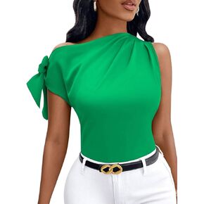 MakeMeChic Women's Casual Knot Short Sleeve One Shoulder Ruched Summer Blouse Work Shirt Top