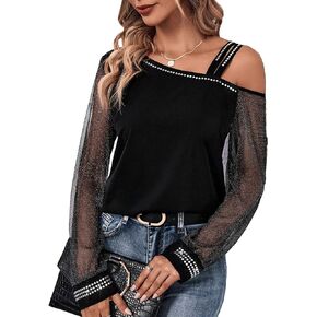 SOLY HUX Women's Contrast Mesh Cold Shoulder Long Sleeve Rhinestone Blouse Tops