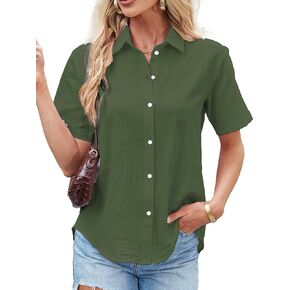 Womens Cotton Linen Button Down Shirts V Neck Short Sleeve Summer Blouses Casual Work Tops