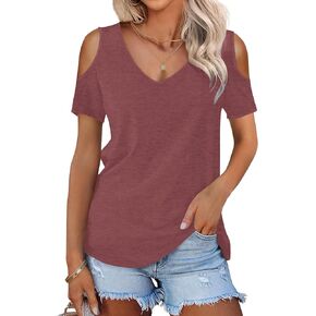 AUSELILY Womens Summer T Shirts Casual Ladies V Neck Tops Short Sleeve Cold Shoulder Loose Fit Blouse 2025 Trendy Clothing