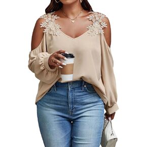 SOLY HUX Women's Plus Size Contrast Lace Appliques Blouse Cold Shoulder Long Sleeve Tops