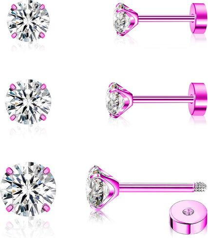 3Pairs Flat Back Earrings for Women, Titanium CZ Stud Flat Screw Back Earrings, Hypoallergenic Cartilage Flatback Earring, Tragus Helix Tragus Conch Piercing(3mm/4mm/5mm Gold/Pink/Silver/Black White CZ) in Saudi Arabia