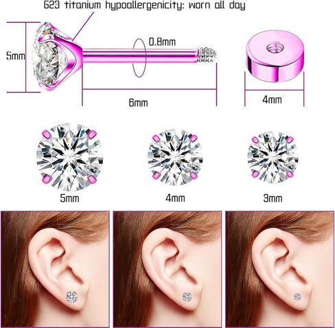 3Pairs Flat Back Earrings for Women, Titanium CZ Stud Flat Screw Back Earrings, Hypoallergenic Cartilage Flatback Earring, Tragus Helix Tragus Conch Piercing(3mm/4mm/5mm Gold/Pink/Silver/Black White CZ) in Saudi Arabia