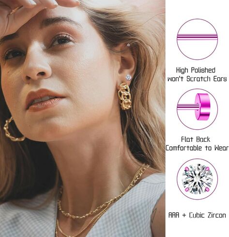 3Pairs Flat Back Earrings for Women, Titanium CZ Stud Flat Screw Back Earrings, Hypoallergenic Cartilage Flatback Earring, Tragus Helix Tragus Conch Piercing(3mm/4mm/5mm Gold/Pink/Silver/Black White CZ) in Saudi Arabia