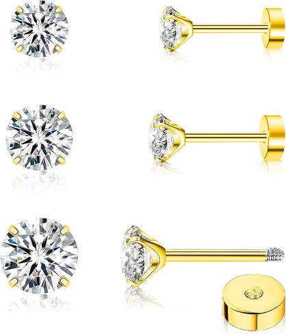 3Pairs Flat Back Earrings for Women, Titanium CZ Stud Flat Screw Back Earrings, Hypoallergenic Cartilage Flatback Earring, Tragus Helix Tragus Conch Piercing(3mm/4mm/5mm Gold/Pink/Silver/Black White CZ) in Saudi Arabia