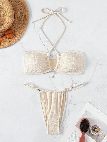 Women's Criss Cross Tie Back Bikini Swimsuit Sets 2 Piece Sexy Backless Wireless Smocked Bathing Suit in Saudi Arabia