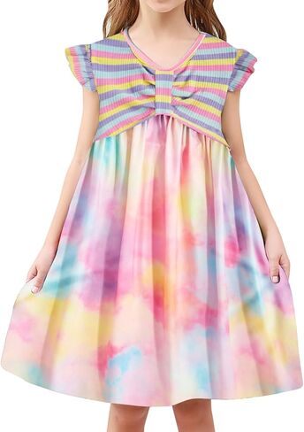 فستان Vieille للفتيات الصغيرات للصيف فساتين كاجوال للأطفال بأكمام مرفرفة ومرقعة من عمر 3 إلى 8 سنوات in Kuwait