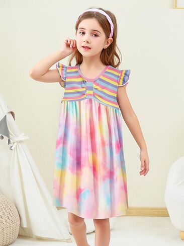 فستان Vieille للفتيات الصغيرات للصيف فساتين كاجوال للأطفال بأكمام مرفرفة ومرقعة من عمر 3 إلى 8 سنوات in Kuwait