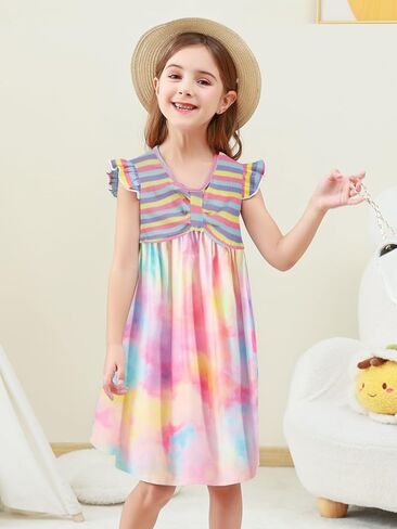 فستان Vieille للفتيات الصغيرات للصيف فساتين كاجوال للأطفال بأكمام مرفرفة ومرقعة من عمر 3 إلى 8 سنوات in Kuwait