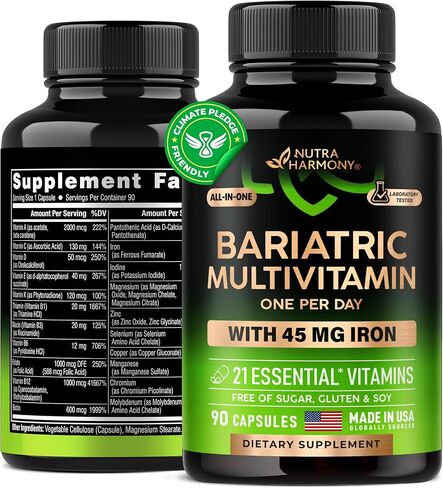 فيتامينات متعددة لعلاج السمنة - 45 مجم من مكملات الحديد - صنع في الولايات المتحدة الأمريكية - للنساء والرجال - الكل في واحد، 21 فيتامين أساسي - دعم المعدة - خالية من السكر والغلوتين والصويا - 90 كبسولة in Kuwait