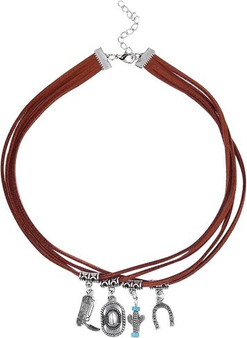 Multi-Layer Cowboy Boot Necklace for Women Men, Cool Silver Horseshoe Cactus Pendant Necklace with Turquoise, Cowgirl Jewelry Gifts for Women Girls in Saudi Arabia