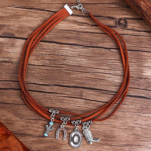 Multi-Layer Cowboy Boot Necklace for Women Men, Cool Silver Horseshoe Cactus Pendant Necklace with Turquoise, Cowgirl Jewelry Gifts for Women Girls in Saudi Arabia