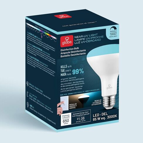 Globe Electric 9 وات 60 وات مكافئ للأشعة فوق البنفسجية القريبة من الأشعة فوق البنفسجية المطهرة BR30 E26 LED لمبة الإضاءة، 650 لومن، 3000 كلفن، قابلة للتعتيم in Kuwait