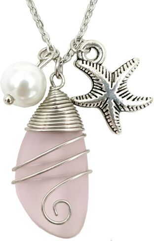 Sea Glass Pendant Wier Warpped Beach Pendant With freshwater Pearls, Handmade Necklace Gift (pink) in Saudi Arabia