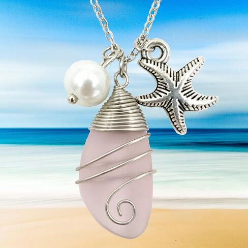 Sea Glass Pendant Wier Warpped Beach Pendant With freshwater Pearls, Handmade Necklace Gift (pink) in Saudi Arabia