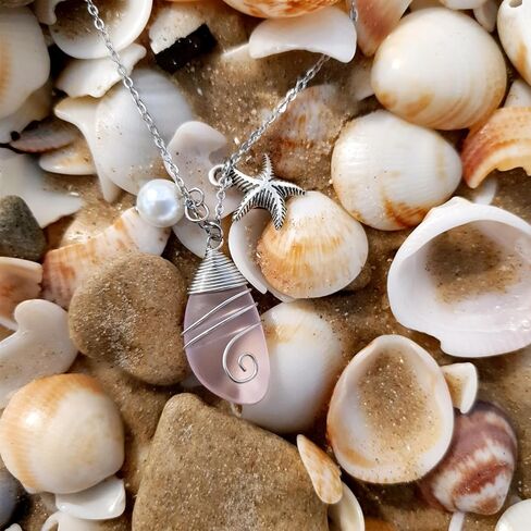 Sea Glass Pendant Wier Warpped Beach Pendant With freshwater Pearls, Handmade Necklace Gift (pink) in Saudi Arabia
