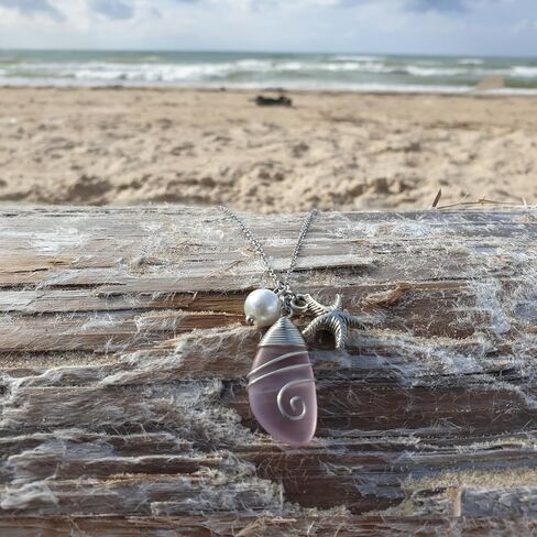 Sea Glass Pendant Wier Warpped Beach Pendant With freshwater Pearls, Handmade Necklace Gift (pink) in Saudi Arabia