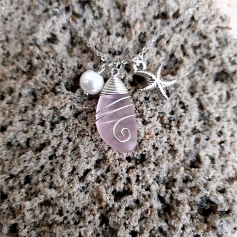 Sea Glass Pendant Wier Warpped Beach Pendant With freshwater Pearls, Handmade Necklace Gift (pink) in Saudi Arabia