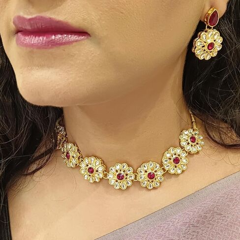 Efulgenz Indian Jewelry Sets for Women Bollywood Jewelry Indian Jewelry Choker Kundan Crystal Floral Necklace Earrings Bollywood Wedding Bridal Set in Saudi Arabia