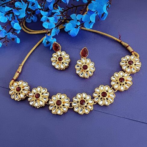 Efulgenz Indian Jewelry Sets for Women Bollywood Jewelry Indian Jewelry Choker Kundan Crystal Floral Necklace Earrings Bollywood Wedding Bridal Set in Saudi Arabia