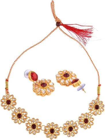 Efulgenz Indian Jewelry Sets for Women Bollywood Jewelry Indian Jewelry Choker Kundan Crystal Floral Necklace Earrings Bollywood Wedding Bridal Set in Saudi Arabia