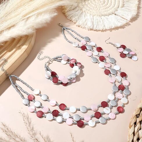 3 قطعة الطبقات مطرز قلادة مكتنزة سوار طقم من الحلقان للنساء بوهو 3 اللون قذيفة بيان المختنق الملابس هدية in Kuwait