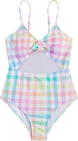OYOANGLE Girl's One Piece Swimsuit Cut Out All Over Print Wireless Swimwear Spaghetti Straps Cami Bathing Suit in Saudi Arabia