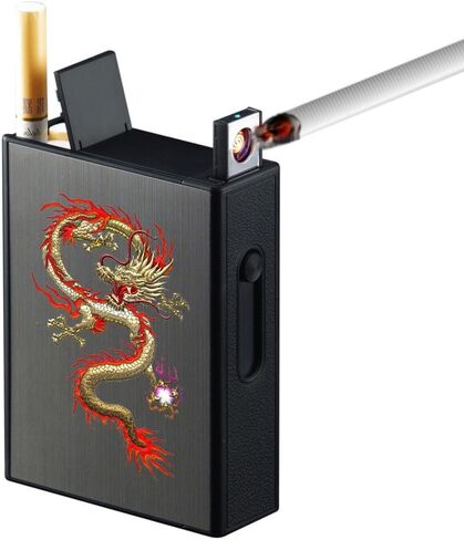 Cigarette Case with Lighters Full Pack 20pcs Regular Cigarettes Box Rechargeable Windproof Flameless Electric Protable Lighter (Dragon) in Saudi Arabia