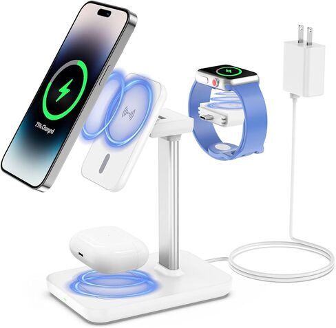 قاعدة شحن مغناطيسية مع شاحن ساعة أبل قابل للفصل، حامل شاحن لاسلكي 3 في 1 Mag-Safe لأجهزة iPhone 15/14 13 12 Pro Max/Plus/Pro/Mini وAirPods Pro/3/2 وApple iWatch، أبيض in Kuwait