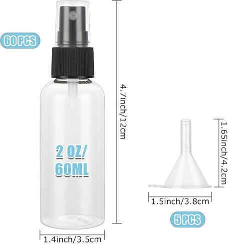 60 عبوة من زجاجات الرذاذ الشفافة بوزن 2 أونصة/60 مل من الزجاجات البلاستيكية ذات الرذاذ الناعم، زجاجات رذاذ فارغة صغيرة للسوائل والعطور والزيوت العطرية والسفر - حاوية بخاخات قابلة لإعادة الملء in Kuwait