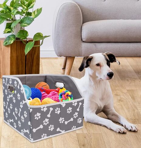 Large Dog Toy Storage Bin, Foldable Trapezoid Box with Handles | Canvas Fabric,Large Capacity, for Pet Supplies,Pet Toy Organizer Basket, Sturdy Metal Handles ,Easy Carry pet storage-Gray in Kuwait